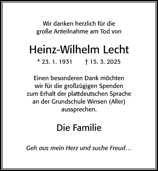 Traueranzeige von Heinz-Wilhelm Lecht von Cellesche Zeitung