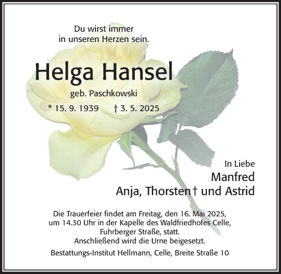 Traueranzeige von Helga Hansel von Cellesche Zeitung