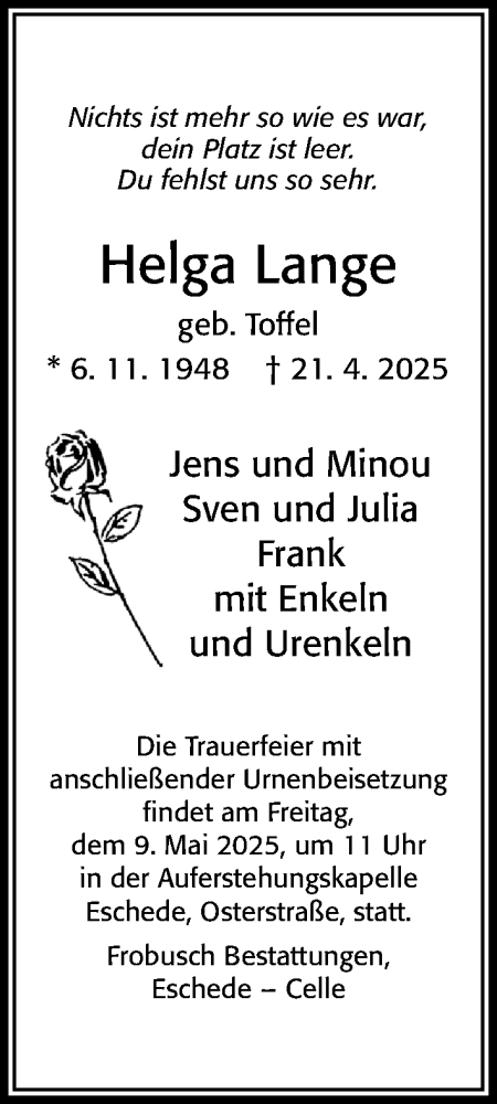 Traueranzeige von Helga Lange von Cellesche Zeitung