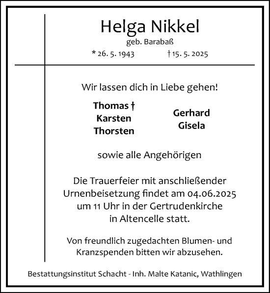 Traueranzeige von Helga Nikkel von Cellesche Zeitung