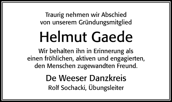 Traueranzeige von Helmut Gaede von Cellesche Zeitung