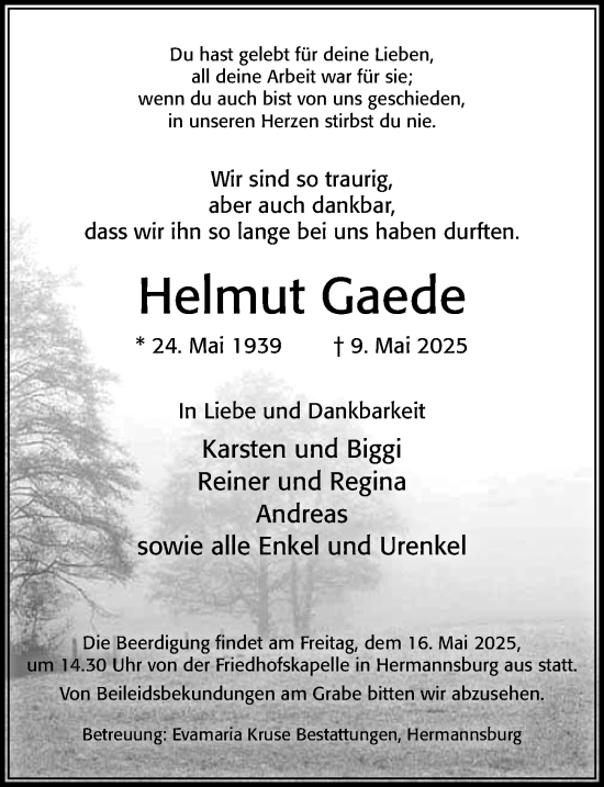 Traueranzeige von Helmut Gaede von Cellesche Zeitung