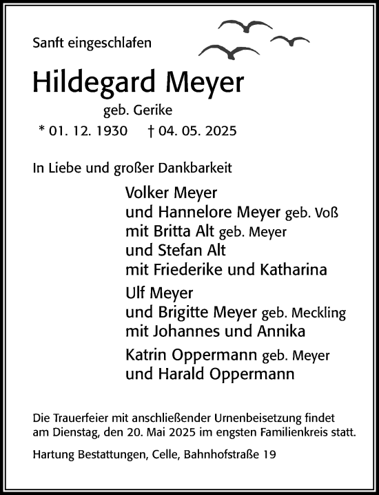Traueranzeige von Hildegard Meyer von Cellesche Zeitung