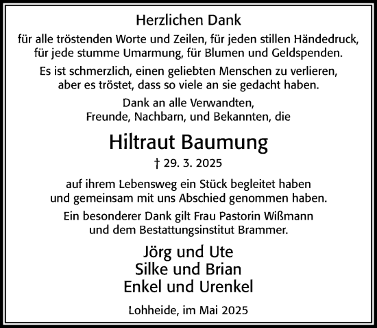 Traueranzeige von Hiltraut Baumung von Cellesche Zeitung