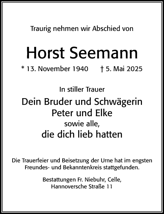 Traueranzeige von Horst Seemann von Cellesche Zeitung