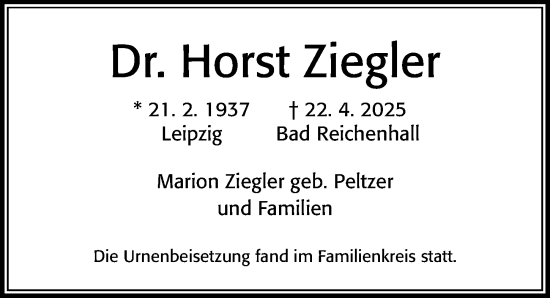 Traueranzeige von Horst Ziegler von Cellesche Zeitung