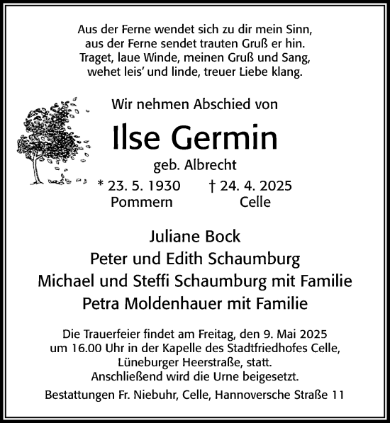Traueranzeige von Ilse Germin von Cellesche Zeitung