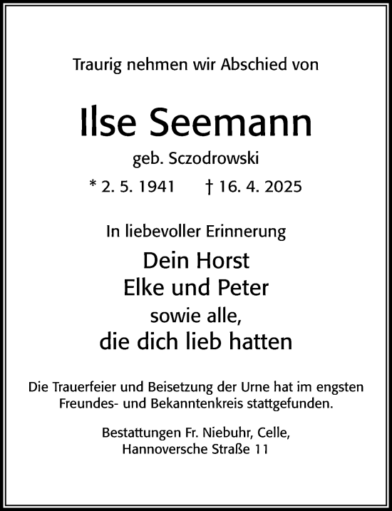 Traueranzeige von Ilse Seemann von Cellesche Zeitung