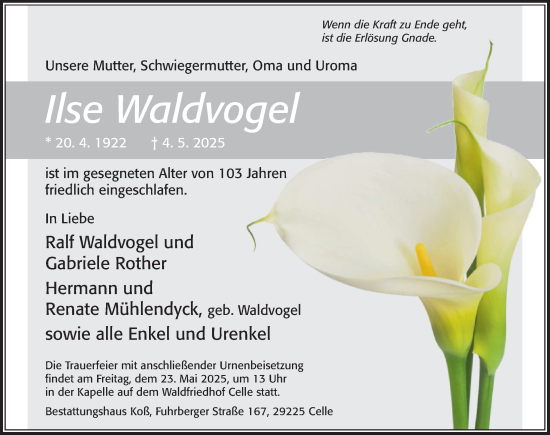 Traueranzeige von Ilse Waldvogel von Cellesche Zeitung