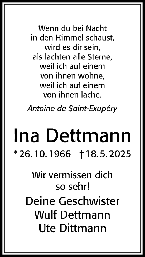 Traueranzeige von Ina Dettmann von Cellesche Zeitung