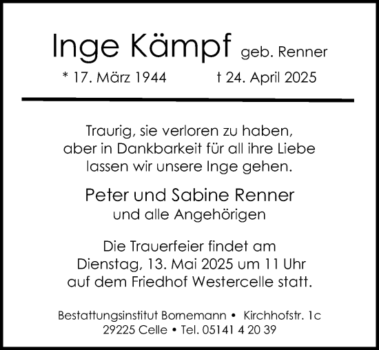 Traueranzeige von Inge Kämpf von Cellesche Zeitung