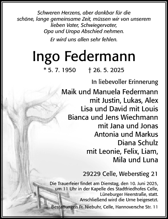 Traueranzeige von Ingo Federmann von Cellesche Zeitung