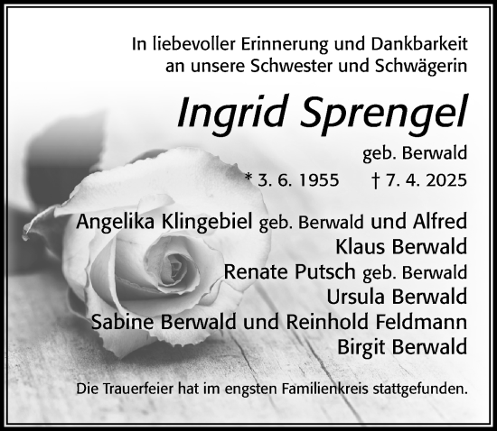 Traueranzeige von Ingrid Sprengel von Cellesche Zeitung