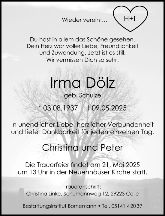 Traueranzeige von Irma Dölz von Cellesche Zeitung