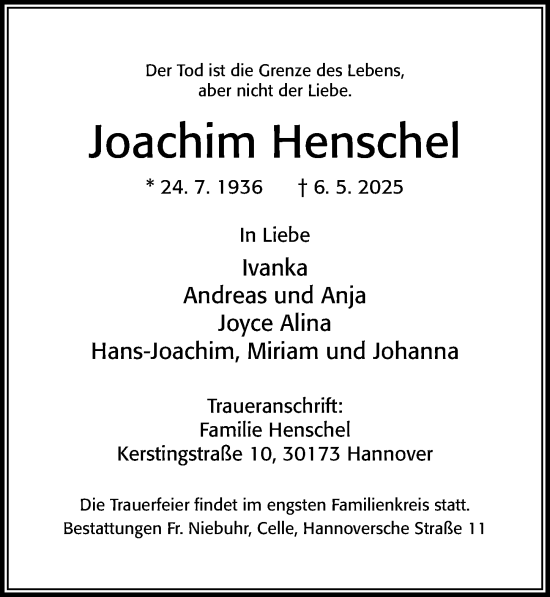 Traueranzeige von Joachim Henschel von Cellesche Zeitung