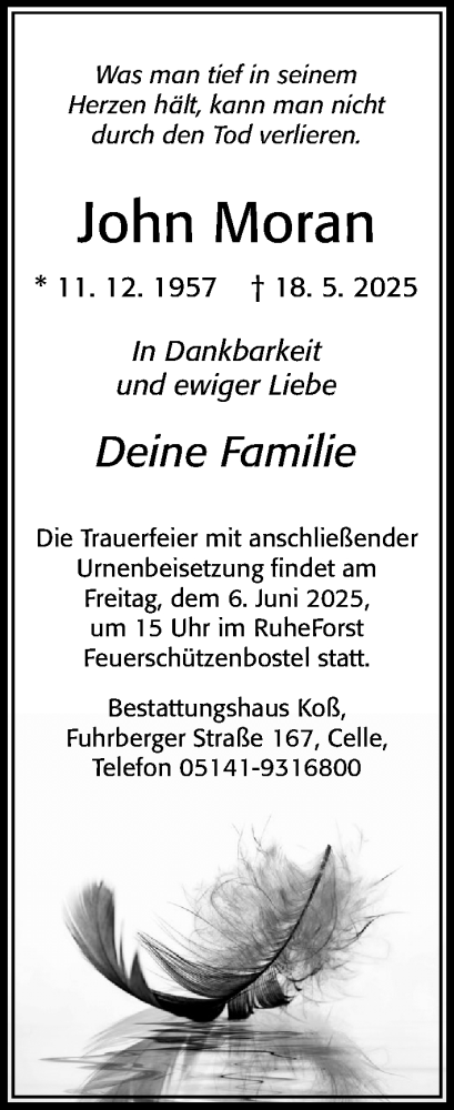 Traueranzeige von John Moran von Cellesche Zeitung