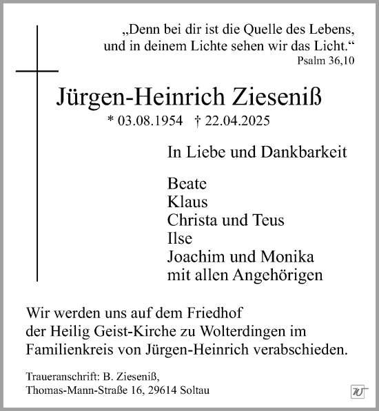 Traueranzeige von Jürgen-Heinrich Zieseniß von Cellesche Zeitung