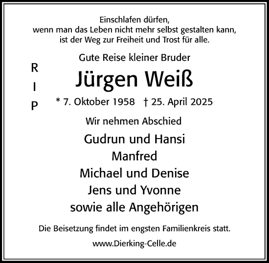 Traueranzeige von Jürgen Weiß von Cellesche Zeitung