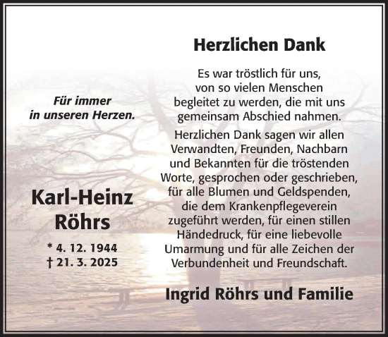 Traueranzeige von Karl-Heinz Röhrs von Cellesche Zeitung