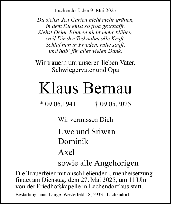 Traueranzeige von Klaus Bernau von Cellesche Zeitung