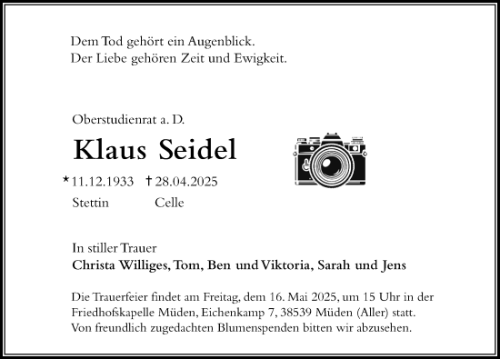 Traueranzeige von Klaus Seidel von Cellesche Zeitung