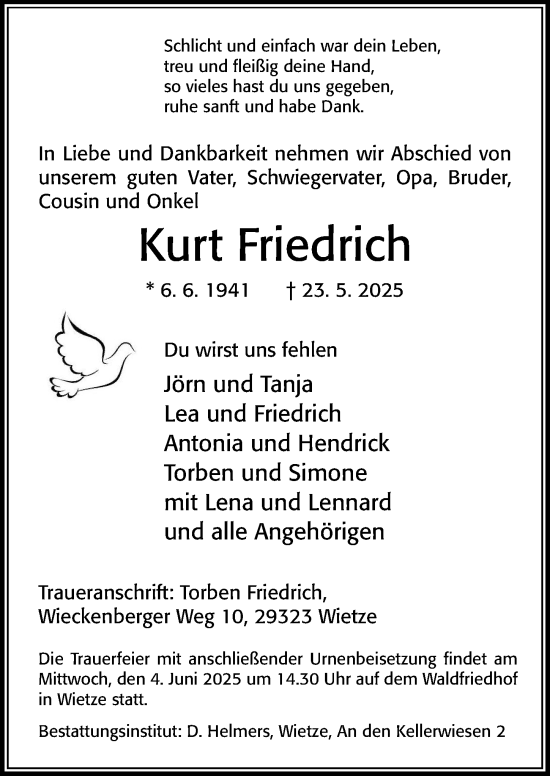Traueranzeige von Kurt Friedrich von Cellesche Zeitung