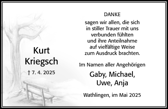 Traueranzeige von Kurt Kriegsch von Cellesche Zeitung