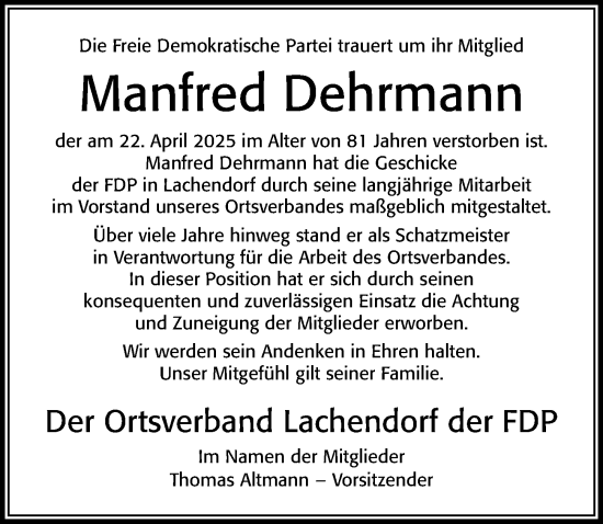 Traueranzeige von Manfred Dehrmann von Cellesche Zeitung
