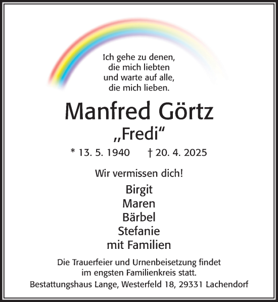 Traueranzeige von Manfred Görtz von Cellesche Zeitung