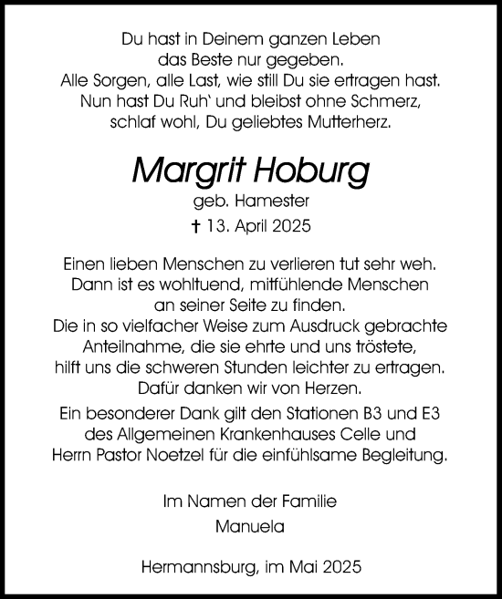 Traueranzeige von Margrit Hoburg von Cellesche Zeitung
