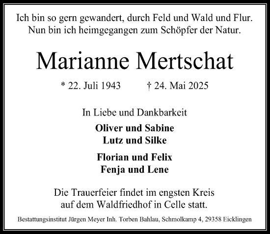 Traueranzeige von Marianne Mertschat von Cellesche Zeitung