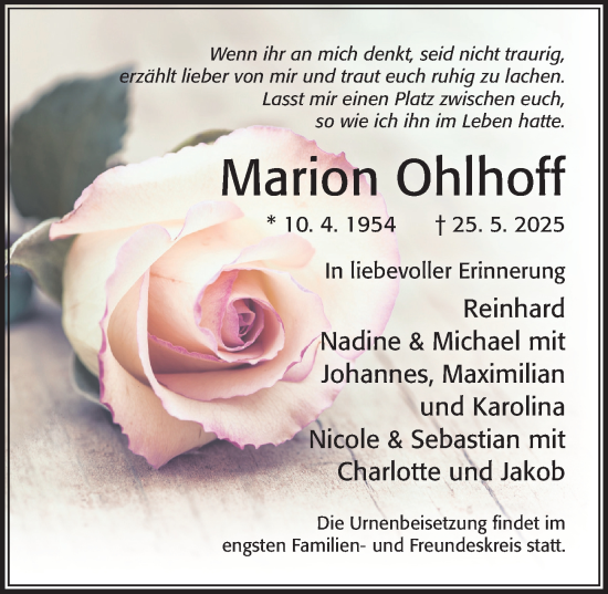 Traueranzeige von Marion Ohlhoff von Cellesche Zeitung