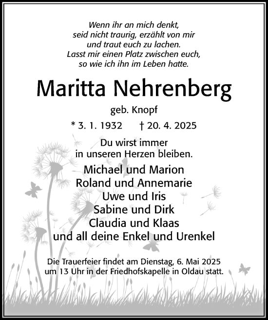 Traueranzeige von Maritta Nehrenberg von Cellesche Zeitung