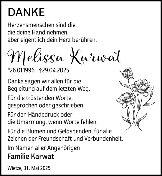 Traueranzeige von Melissa Karwat von Cellesche Zeitung