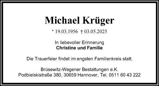 Traueranzeige von Michael Krüger von Cellesche Zeitung
