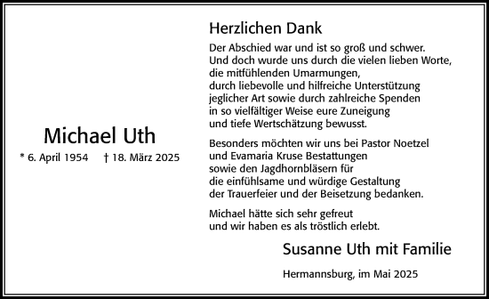 Traueranzeige von Michael Uth von Cellesche Zeitung