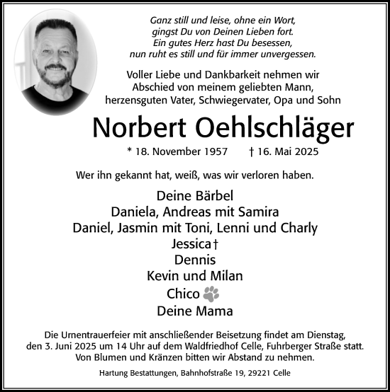 Traueranzeige von Norbert Oehlschläger von Cellesche Zeitung
