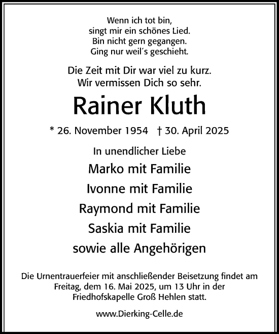 Traueranzeige von Rainer Kluth von Cellesche Zeitung