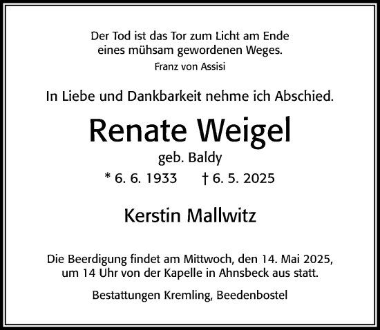 Traueranzeige von Renate Weigel von Cellesche Zeitung