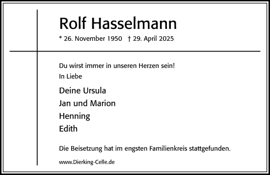Traueranzeige von Rolf Hasselmann von Cellesche Zeitung