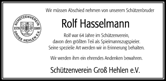Traueranzeige von Rolf Hasselmann von Cellesche Zeitung