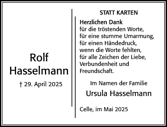 Traueranzeige von Rolf Hasselmann von Cellesche Zeitung