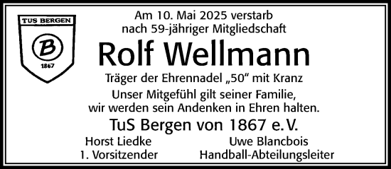 Traueranzeige von Rolf Wellmann von Cellesche Zeitung