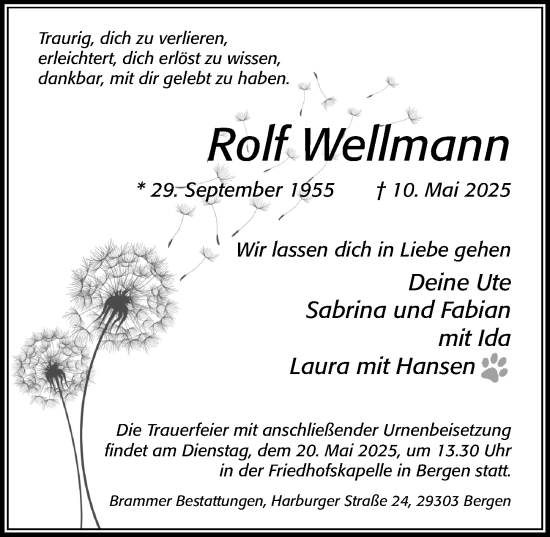 Traueranzeige von Rolf Wellmann von Cellesche Zeitung