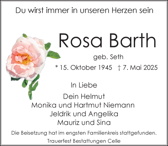 Traueranzeige von Rosa Barth von Cellesche Zeitung