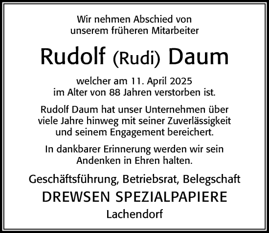 Traueranzeige von Rudolf Daum von Cellesche Zeitung