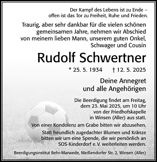Traueranzeige von Rudolf Schwertner von Cellesche Zeitung