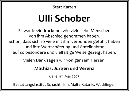 Traueranzeige von Ulli Schober von Cellesche Zeitung