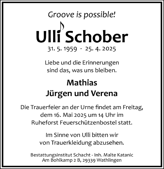 Traueranzeige von Ulli Schober von Cellesche Zeitung