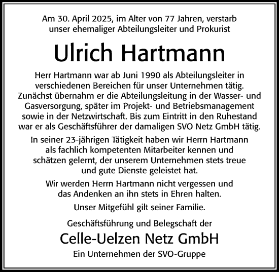 Traueranzeige von Ulrich Hartmann von Cellesche Zeitung
